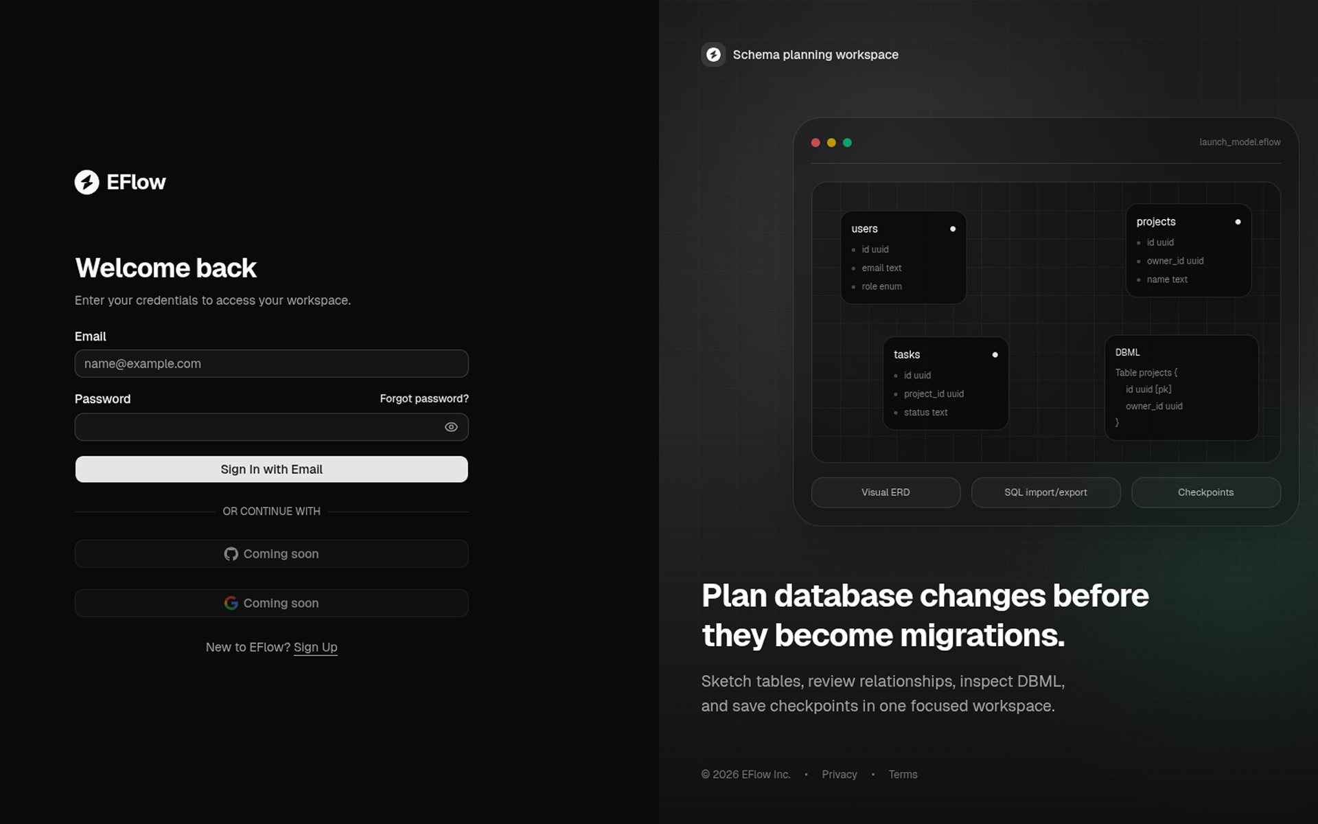 Eflow signup and authentication interface