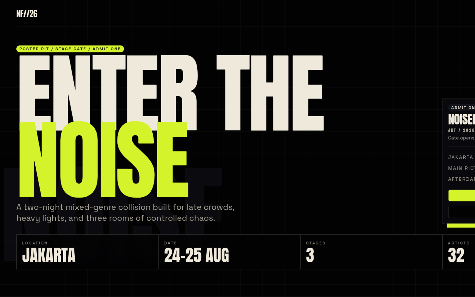 NOISEFEST 2026 hero section with brutalist design and oversized typography