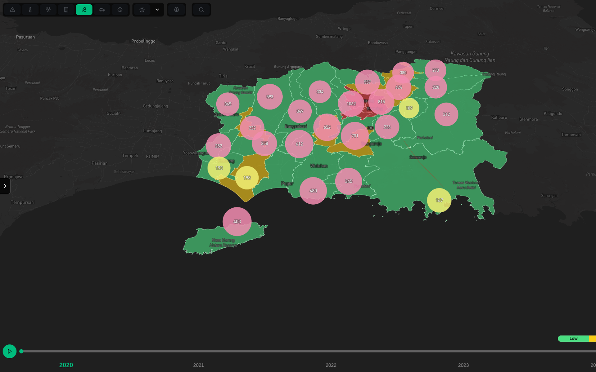 SIGAP map zoomed in with incident markers and heatmap layers